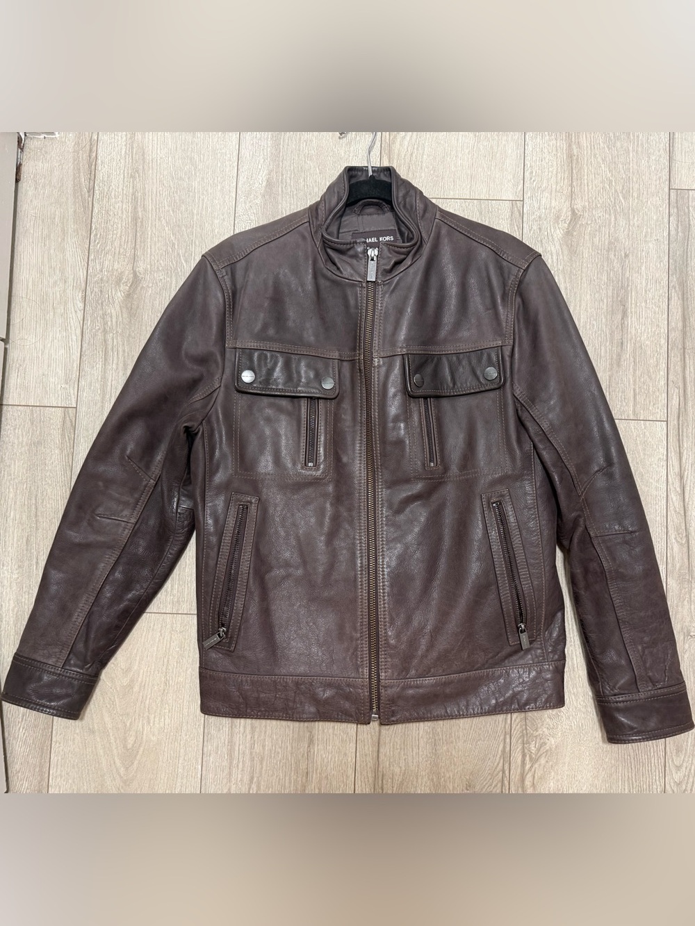Michael Kors Men's Dark Brown Leather Bomber Jacket